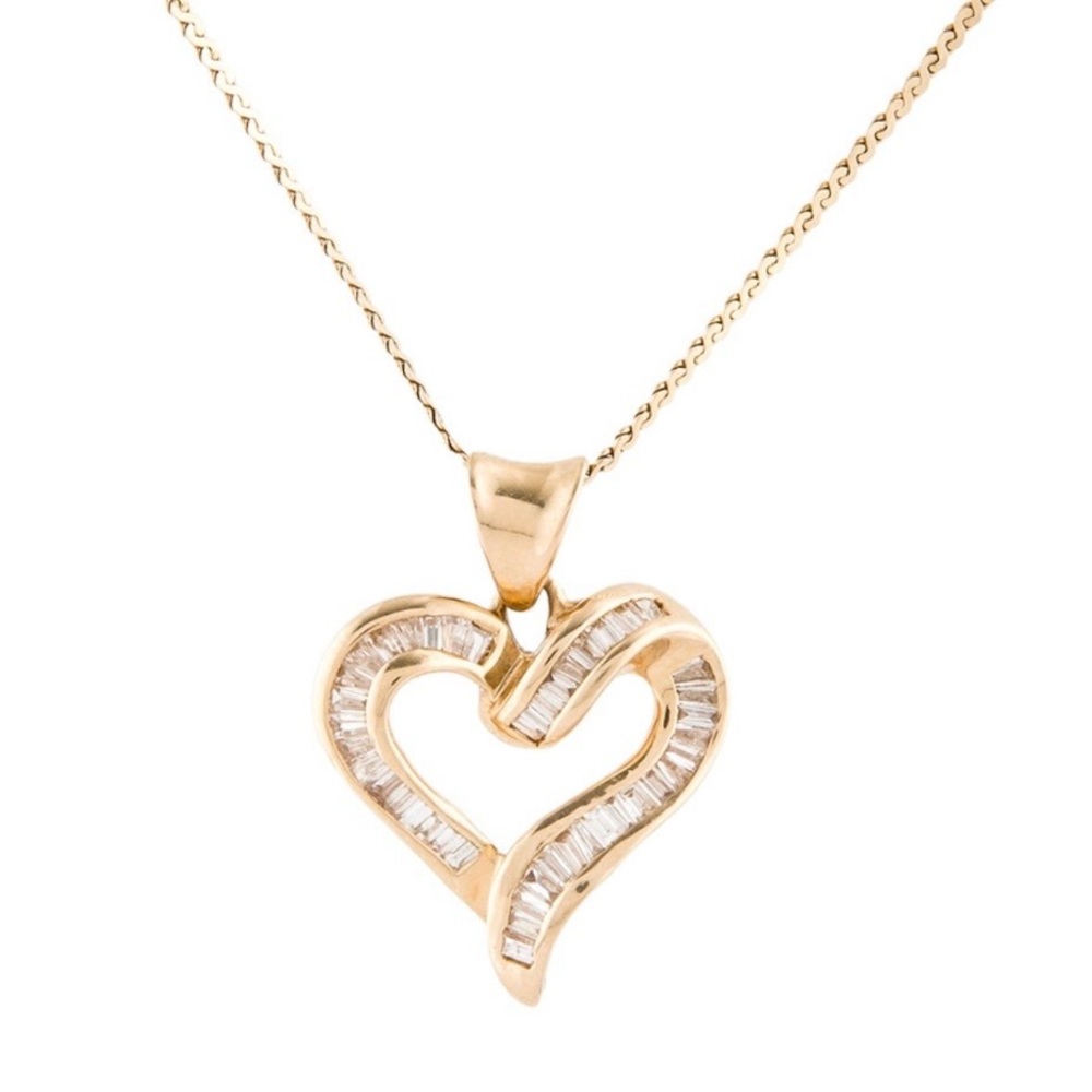 Heart baguette 14k gold diamond necklace